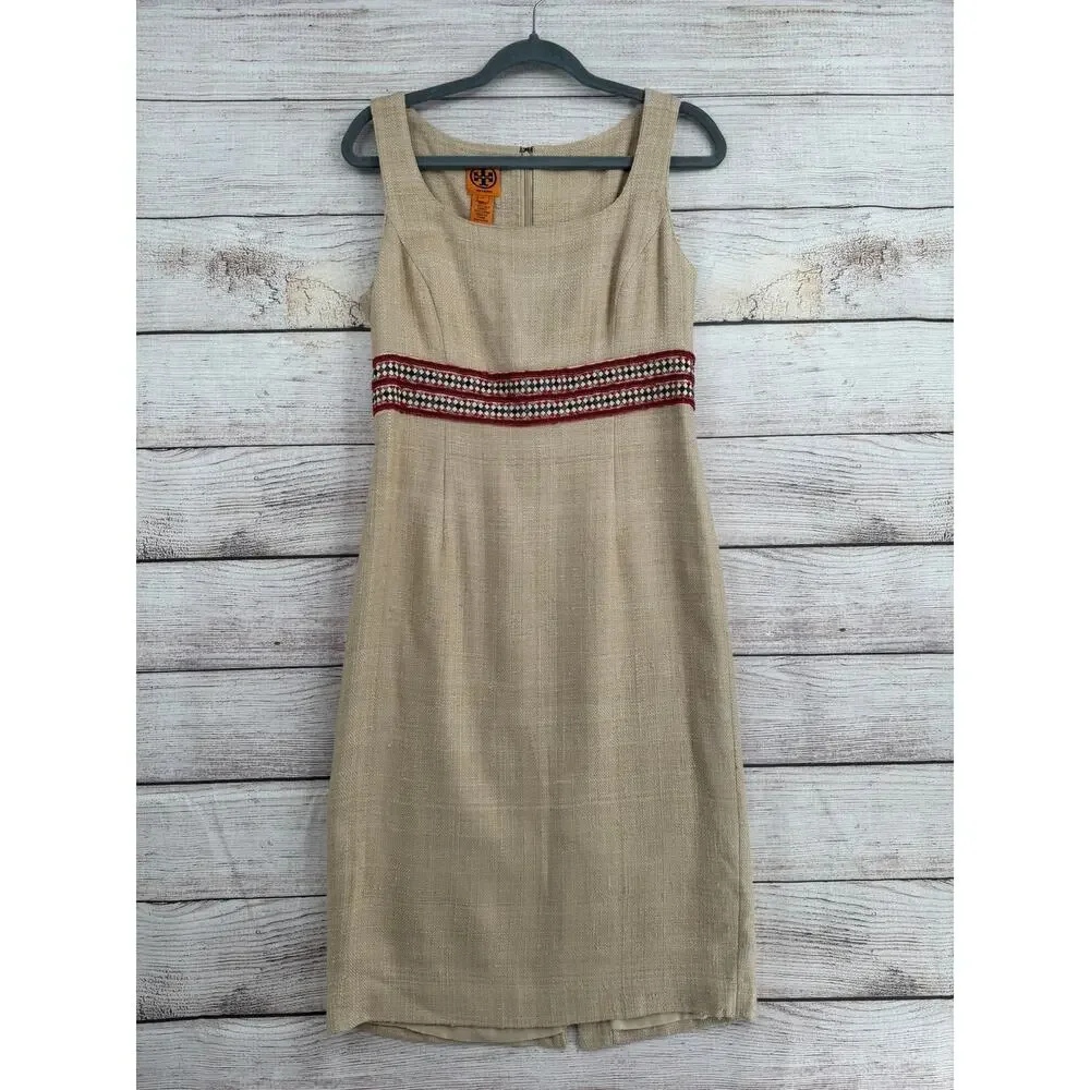 Tory Burch Woven Silk BOHO Midi‎ Dress Womens 8 Beige Red Lined Split Hem